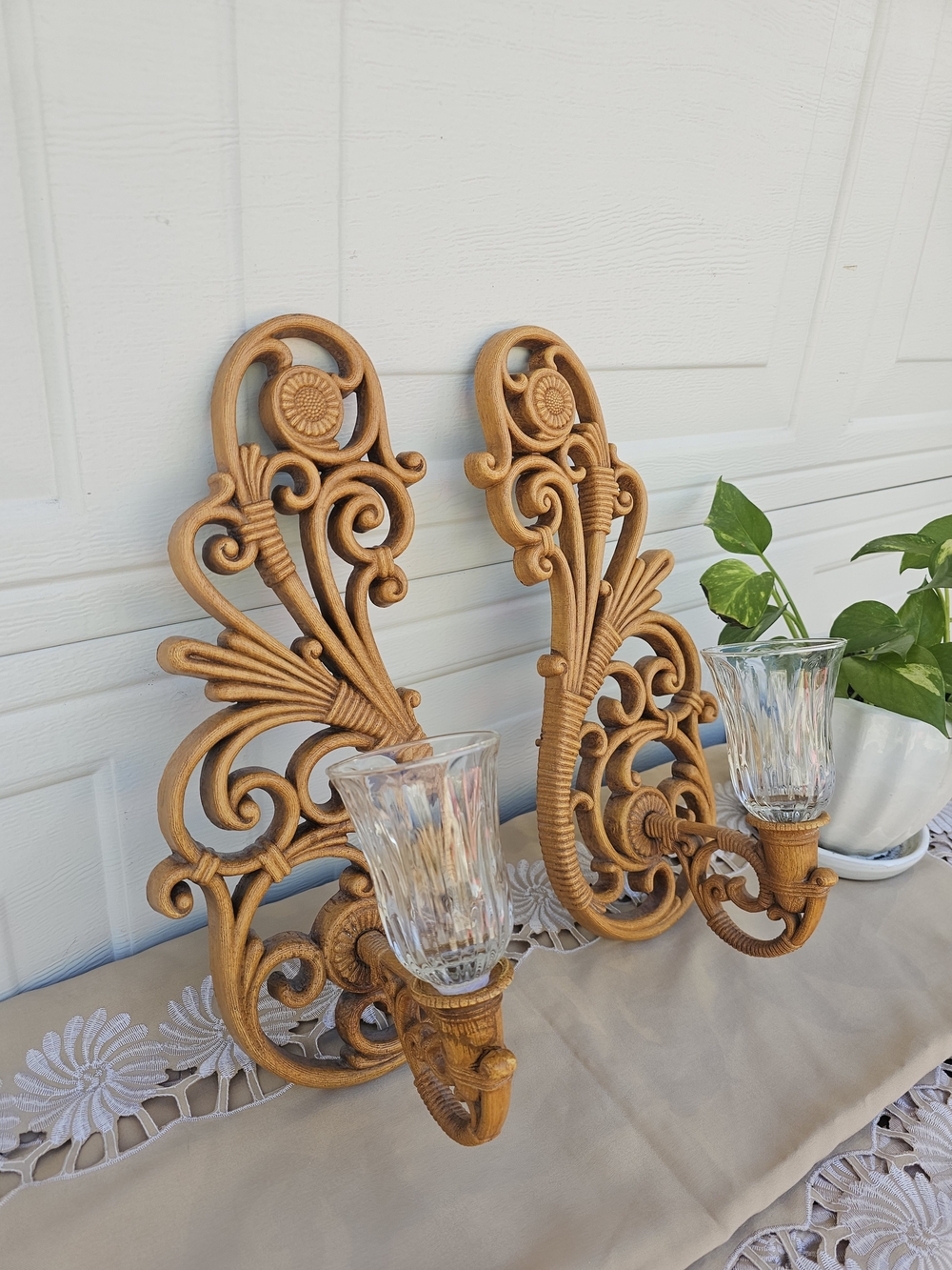 Ornate Gold Wall Sconce Pair with Glass Shades - Home Wall Decor Faux wicker MCM